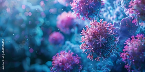 A close up of a pink and purple cell with a blue background