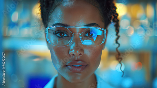 A woman wearing a lab coat and safety glasses is standing in a lab. She is looking directly at the camera