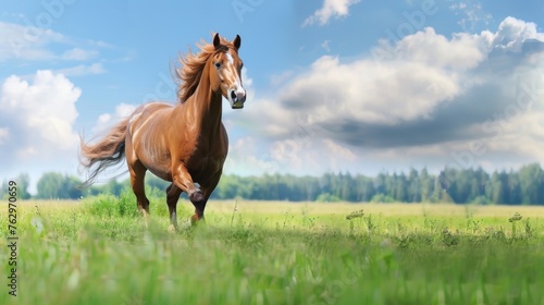 Brown Horse Running Through Lush Green Field