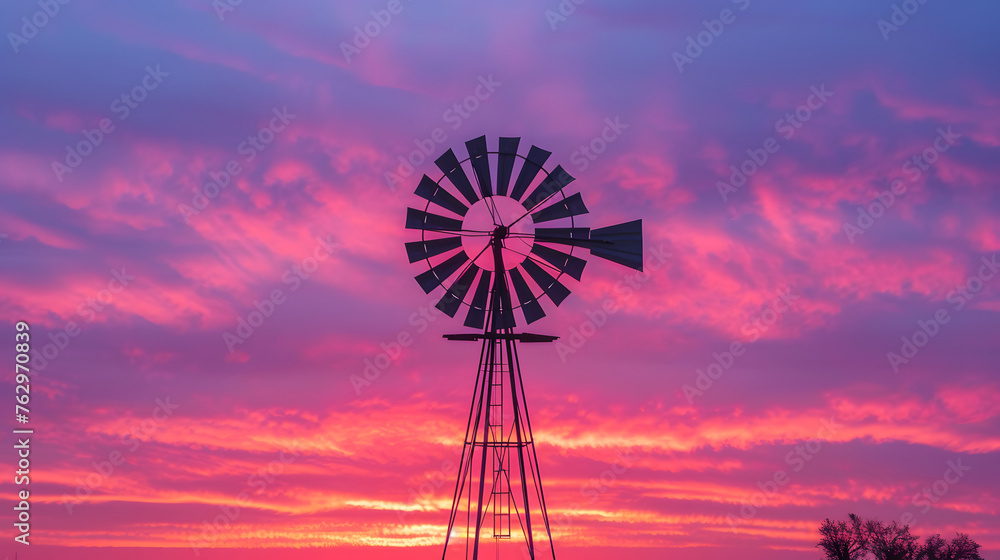 traditional windmill against a dramatic sunset sky