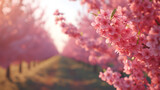 visually striking image of a cherry blossom orchard in spring
