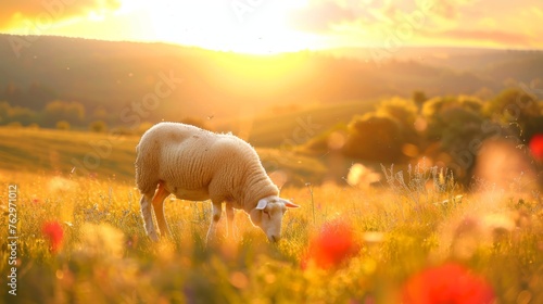 Sheep Grazes in Wildflower Field