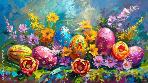 Vibrant Easter Eggs Nestled in Colorful Spring Flowers, Festive Holiday Still Life Painting