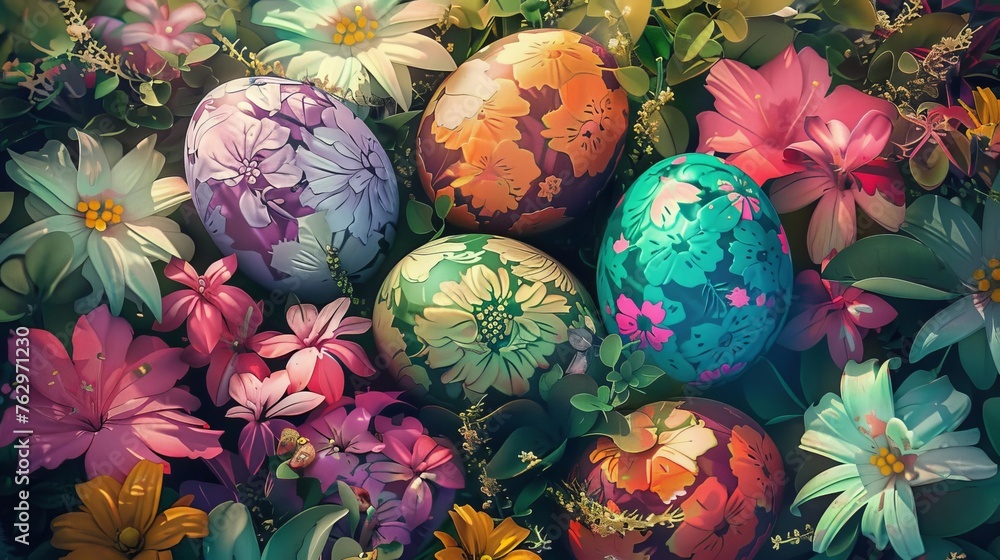 Vibrant Easter Eggs Nestled in Lush Spring Flowers, Digital Painting Vibrant Easter Eggs Nestled in Lush Spring Flowers, Digital Painting