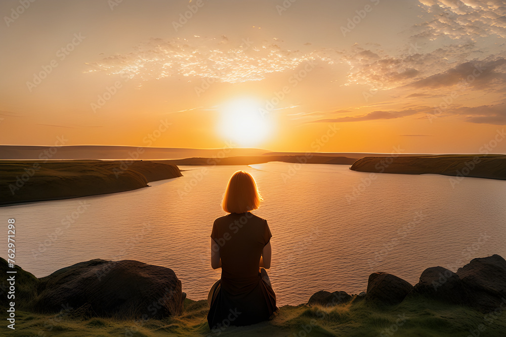 The back of a woman watching the sun The back of a woman watching the sun