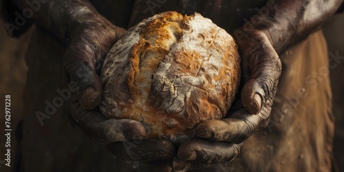 A person is holding a piece of bread in their hands