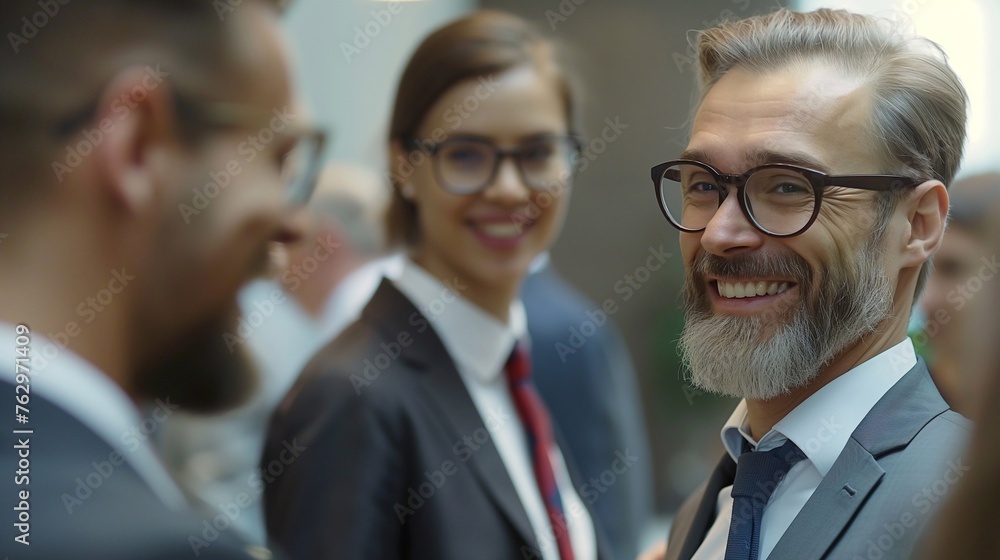 An adult successful man laughs and communicates with experts at a business conference. Searching for connections and new opportunities to expand the company An adult successful man laughs and communicates with experts at a business conference. Searching for connections and new opportunities to expand the company