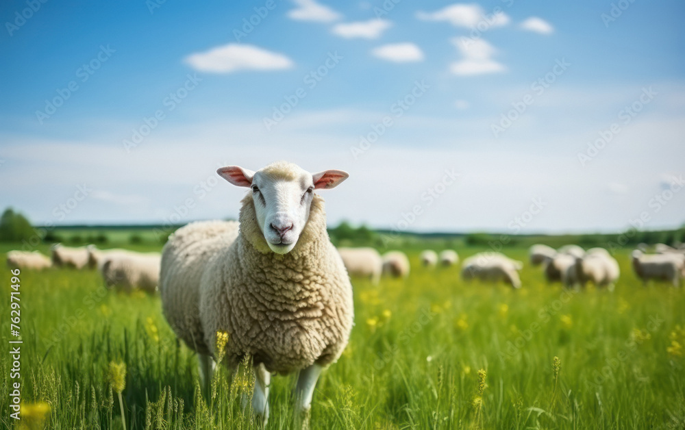 close up Sheep grazing on a lush green field, close up Sheep grazing on a lush green field,
