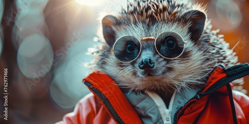 A hedgehog wearing sunglasses and a red jacket