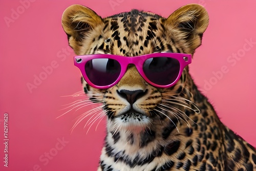 A stylish leopard wearing sunglasses against a vibrant pink background Generative AI © Fazal