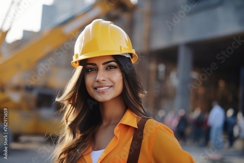 Young indian female engineer standing confidently at construction site