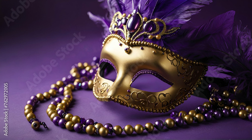 Violet Mardi Gras carnival mask and beads on purple background. generative.ai © ARSHAD