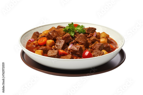 White Bowl Filled With Meat and Vegetables. On a White or Clear Surface PNG Transparent Background..