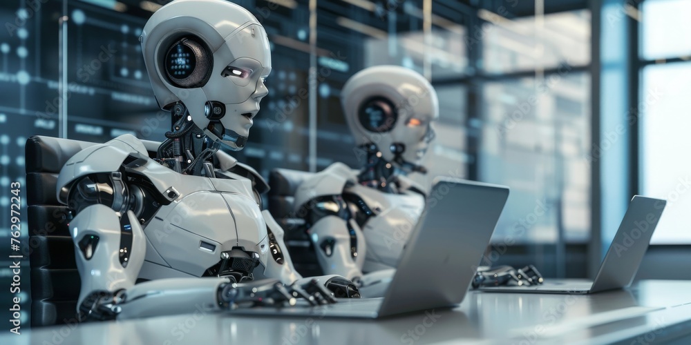 Fototapeta premium Two robots are sitting at a desk with laptops in front of them