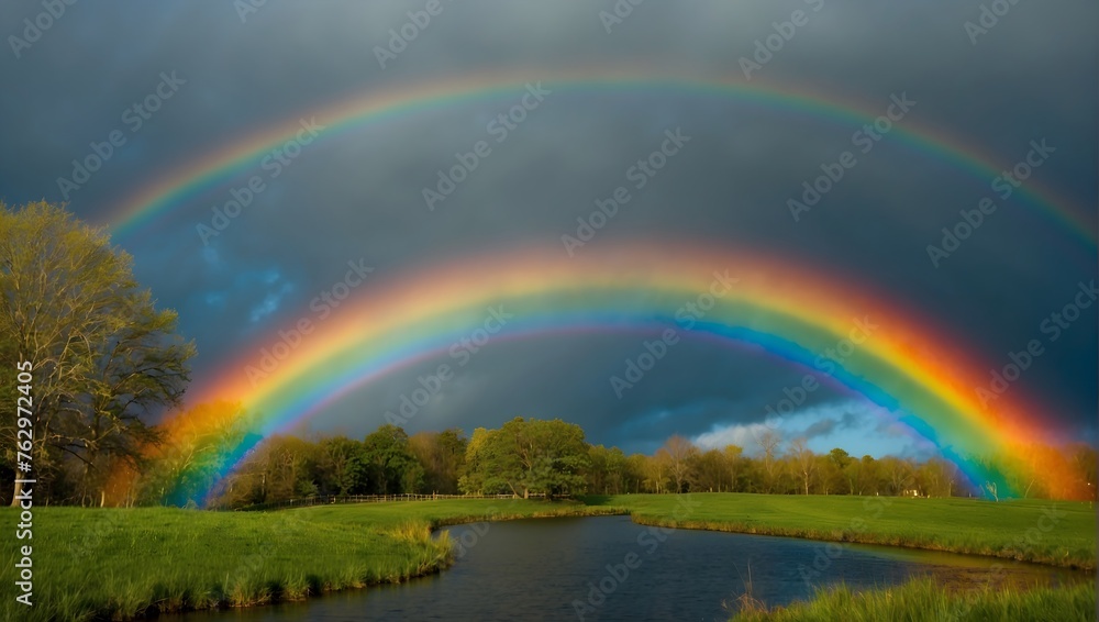 Celebrating Saint Patrick's Day with a magical rainbow that ends at a treasure-filled leprechaun's pot of gold Generative AI