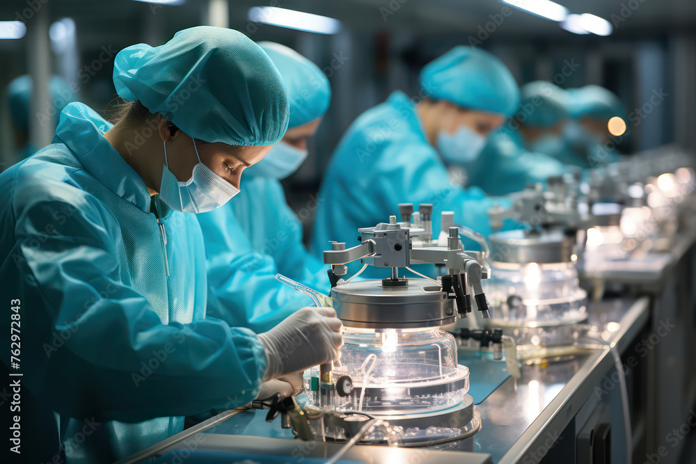 A group of people in blue lab coats are working on a project A group of people in blue lab coats are working on a project