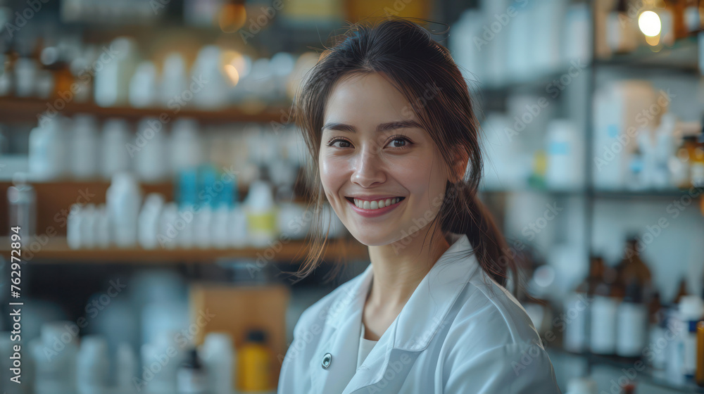 A woman in a white lab coat is smiling and posing for a photo in a pharmacy