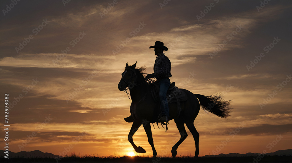 Silhouette of Cowboy riding horse at sunset. generative.ai