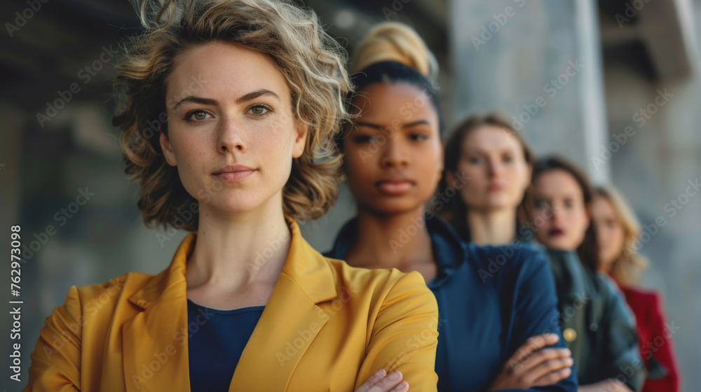 A portrait of a diverse group of women with a strong and determined female leader at the forefront, embodying empowerment and confidence. A portrait of a diverse group of women with a strong and determined female leader at the forefront, embodying empowerment and confidence.