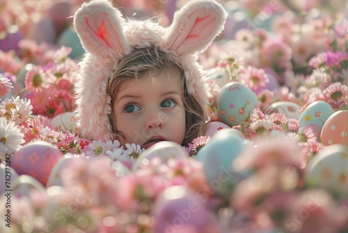 A child wearing a bunny suit, eagerly searching for Easter eggs.