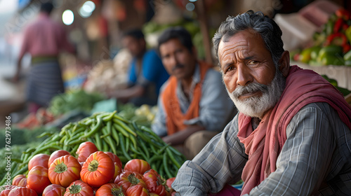 the expressions of farmers or vendors interacting with customers at a market