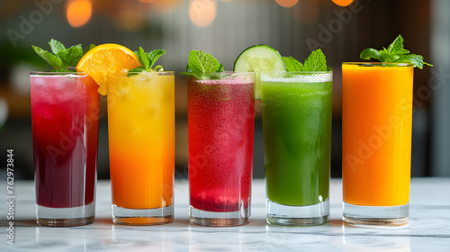 the vibrant colors of freshly squeezed juices made with locally sourced fruits and vegetables photo