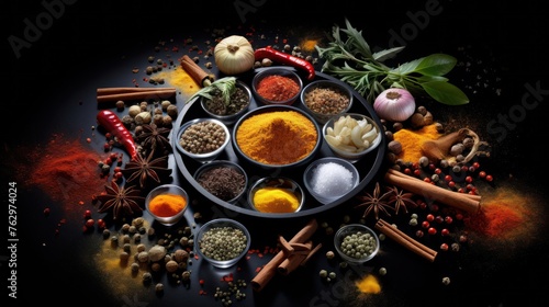 Spice Ensemble Elegance - Assorted spices and herbs presented in an elegant arrangement