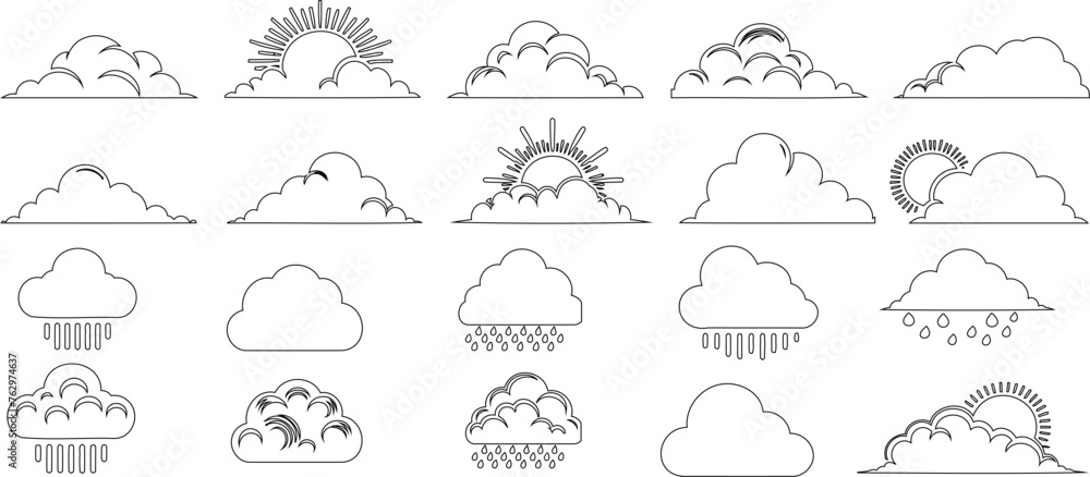 Line art of cloud icons, weather symbols, simple elegant designs for web, print, apps, logos, branding. Depicting sunny, rainy, stormy conditions. Perfect for meteorology, climate, nature themes Line art of cloud icons, weather symbols, simple elegant designs for web, print, apps, logos, branding. Depicting sunny, rainy, stormy conditions. Perfect for meteorology, climate, nature themes