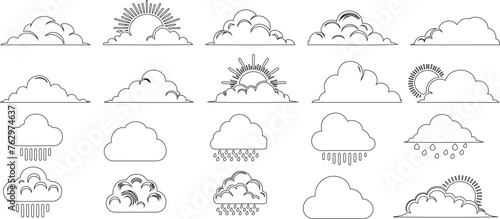 Line art of cloud icons, weather symbols, simple elegant designs for web, print, apps, logos, branding. Depicting sunny, rainy, stormy conditions. Perfect for meteorology, climate, nature themes
