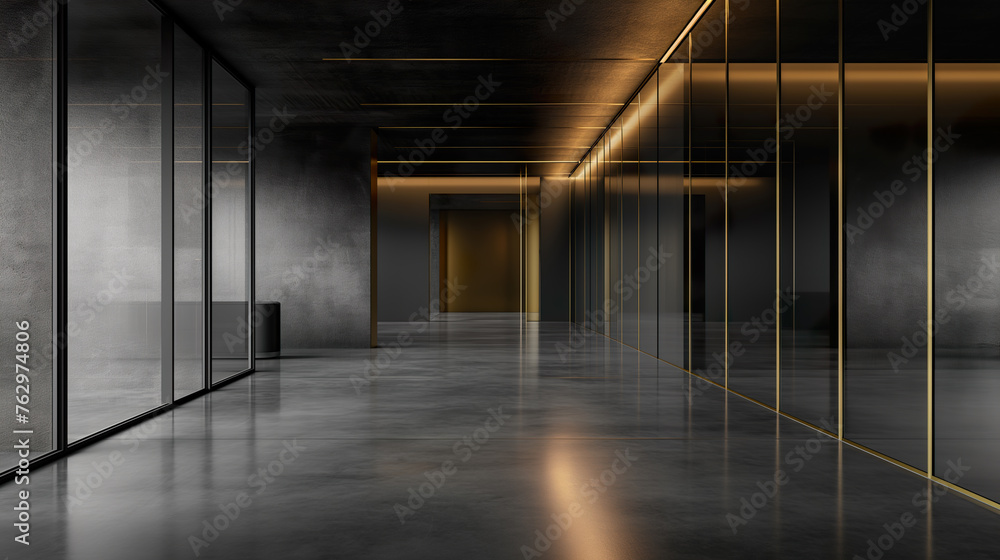A long hallway is showcased with a striking black and gold wall, creating a luxurious and elegant ambiance