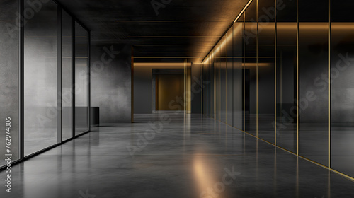 A long hallway is showcased with a striking black and gold wall  creating a luxurious and elegant ambiance