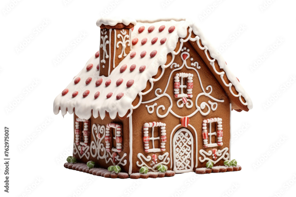 Gingerbread House With Icing on Top. On a White or Clear Surface PNG Transparent Background..