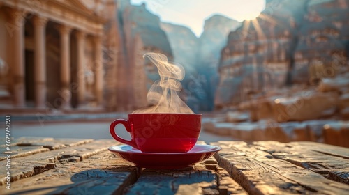 Petra in Jordan Bathed in soft light Whispering stories about ancient civilizations The architecture is also beautiful. A red coffee cup has some smoke floating in it.