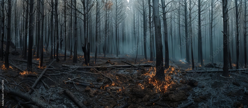 Pine forest devastated by wildfire in Tenerife, scorched trees, smoldering ground - obrazy, fototapety, plakaty 