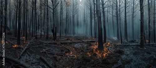 Pine forest devastated by wildfire in Tenerife, scorched trees, smoldering ground photo