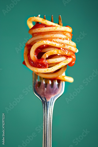 Fork full of spaghetti on green background photo