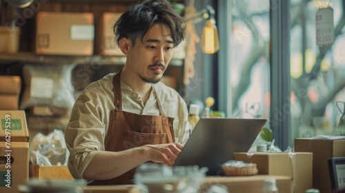 handsome young Japanese man in an apron is preparing goods at the desk, holding boxes and typing on his laptop. The background features multiple cardboard packaging boxes stacked together
