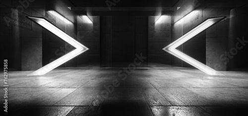 Cyber Arrows Neon Futuristic Sci Fi Tunnel Underground Garage Concrete Corridor Room Laser Spaceship Lights Gaming Room Tournament Background 3D Rendering