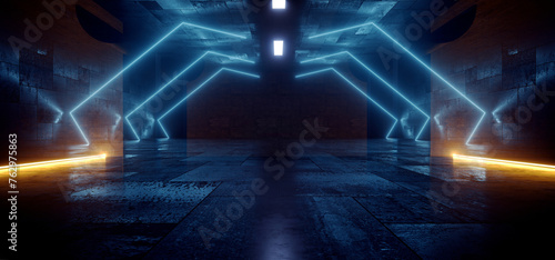 Fototapeta Naklejka Na Ścianę i Meble -  Cyber Futuristic Sci Fi Tunnel Underground Garage Concrete Massive Room Laser Spaceship Blue Lights Gaming Room Tournament Background 3D Rendering