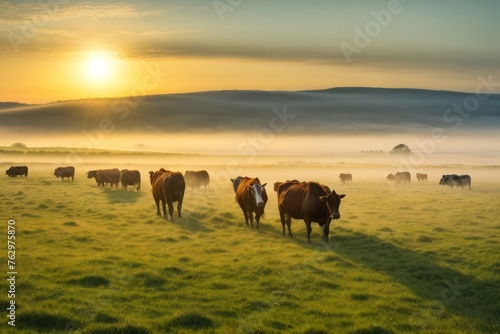 cows on pasture with green grass on sunrise background