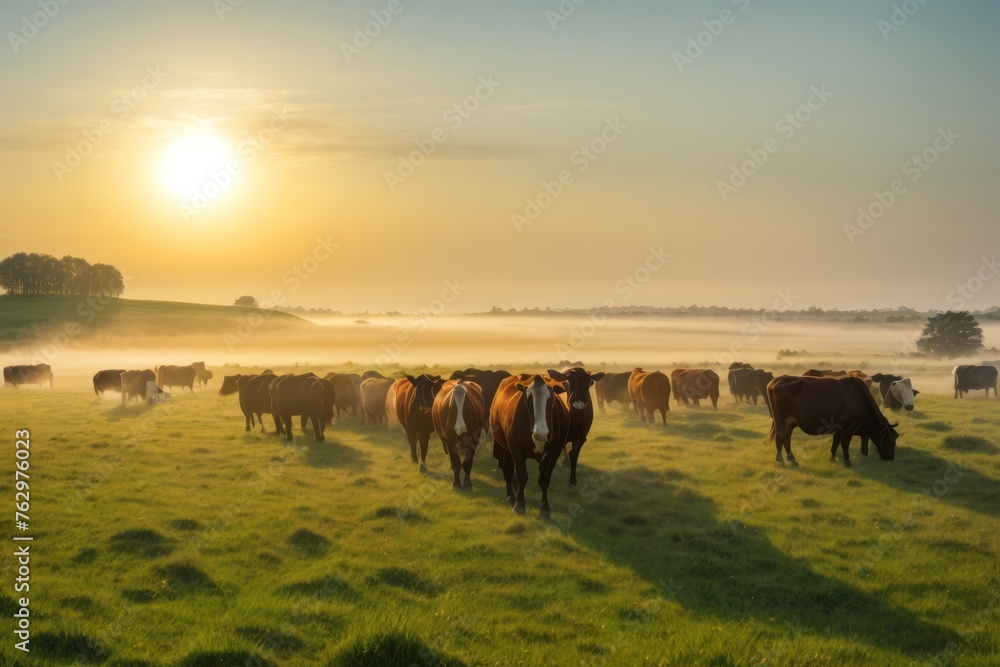cows on pasture with green grass on sunrise background cows on pasture with green grass on sunrise background