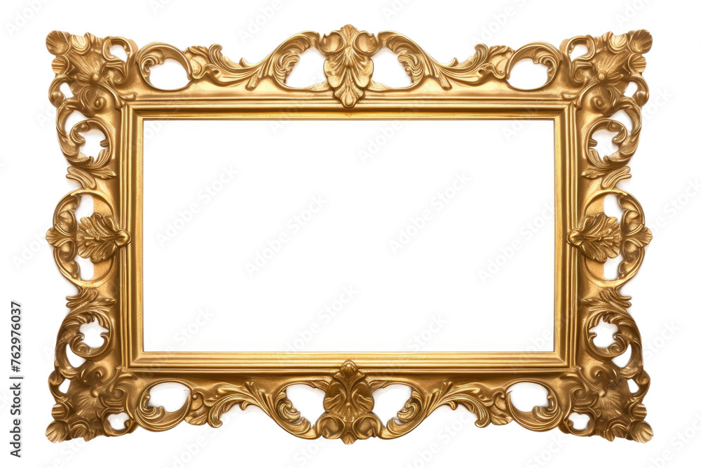 Ornate Gold Frame on White Background. On a White or Clear Surface PNG Transparent Background.. Ornate Gold Frame on White Background. On a White or Clear Surface PNG Transparent Background..