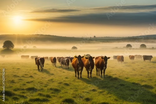 cows on pasture with green grass on sunrise background © free