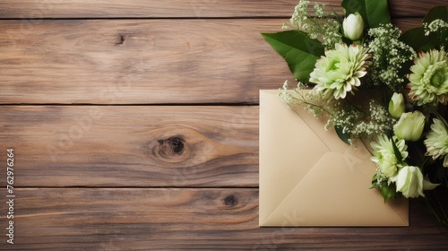 An envelope with a letter and spring flowers on a wooden background. The idea of a holiday card for lovers. A congratulatory letter and a message.