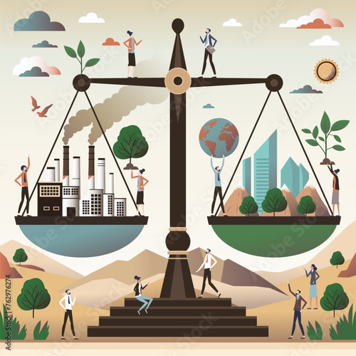 Economic growth vs environmental and nature protection tiny person concept