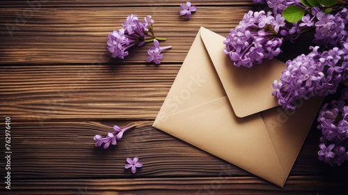 An envelope with a letter and spring flowers on a wooden background. The idea of a holiday card for lovers. A congratulatory letter and a message.