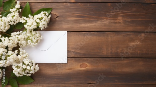 An envelope with a letter and spring flowers on a wooden background. The idea of a holiday card for lovers. A congratulatory letter and a message. © Cherkasova Alie