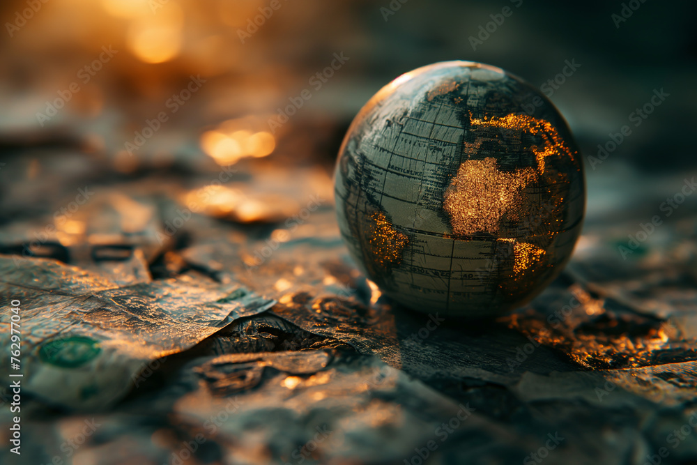 The Earth Globe sits on the ground in the middle of a changing economy. When money is worthless due to the economic crisis It is a symbol of global finance and banking. The Earth Globe sits on the ground in the middle of a changing economy. When money is worthless due to the economic crisis It is a symbol of global finance and banking.