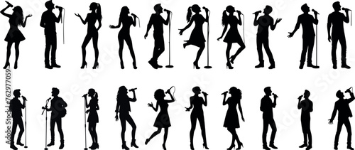 Singing silhouette, diverse people singing vector, musical performance. Vector illustration of group singing, isolated on white background. Perfect for music events, choir concerts, karaoke nights