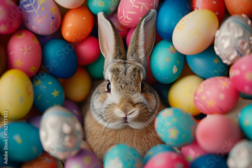 Happy easter bunny with many colorful easter eggs.